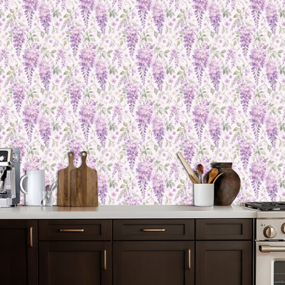 Peel and Stick Wallpaper Soft Purple Wisteria Blossoms Abstract Watercolor Style Contact Paper Removable Self Adhesive Wall Mural Wall Decor for Bedroom Kitchen Cabinets 24in x 118in