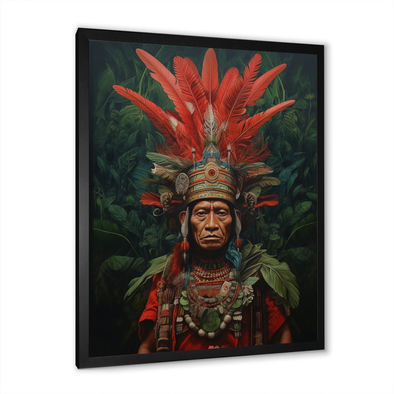 " Indigenous Shaman Amazon Feather Headdress I ", 40" H x 30" W x 1.5" D, Black Single Picture Framed