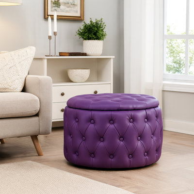 Fully Assembled Round Storage Ottoman with Deep Diamond Tufting and Hidden Storage