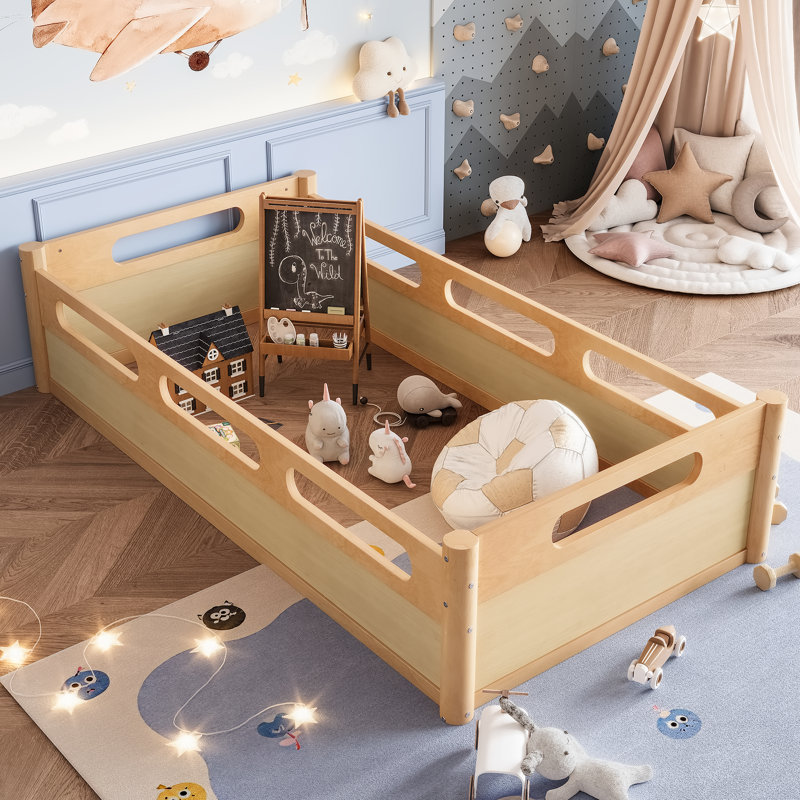 Lits simples Safe, structure de plancher en bois aggloméré en bois de pin, style maison moderne et naturel
