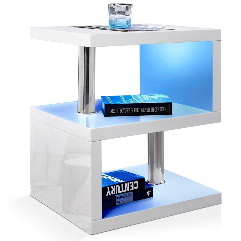 Antinique Led High Gloss 2 Tier Side Table with Storage Living Room, White