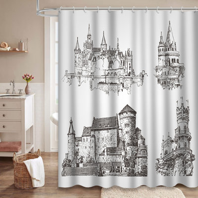 Old Castle Gothic Drawn Landscape Medieval Shower Curtain with 12 Hooks
