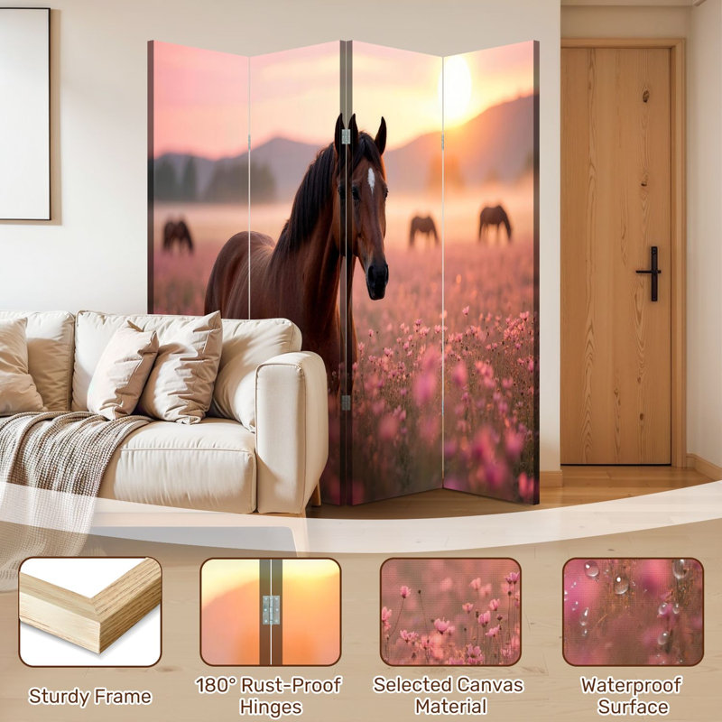 Cloison pliante 4 panneaux paravent brun royal debout champ de fleurs au coucher du soleil, 4, H 71 po x l 64 po x P 1 po
