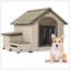 Niche pour chien en bois de sapin résistante aux intempéries avec toit ouvert, rangement et station d'alimentation surélevée pour petits et moyens chiens