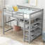 Full Size Loft Bed With Storage Shelves And Under-Bed Desk, Grey-1989355601
