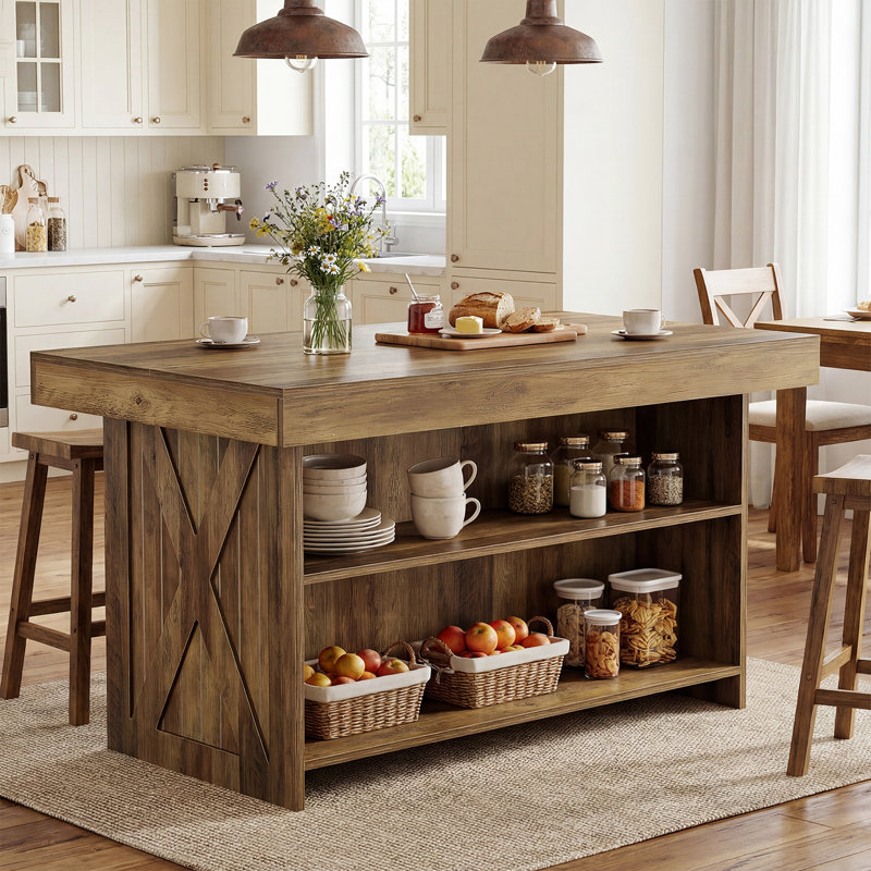 55-Inch Kitchen Island with Storage Shelves, Farmhouse Island Table Home Bar Table for Kitchen, Dining Room