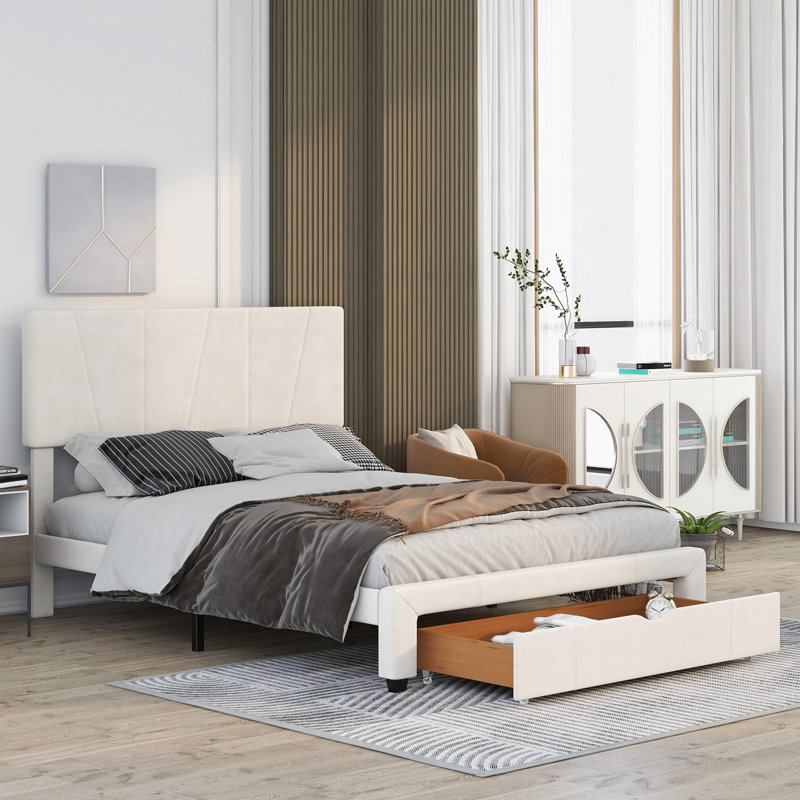 Tavo Upholstered Platform Storage Bed, Beige, Queen
