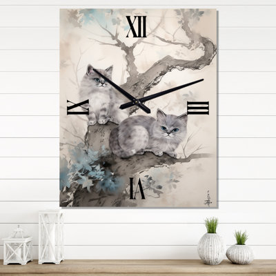 Deux chats gris dans un arbre, peinture rétro - animaux, chat, horloge murale rétro