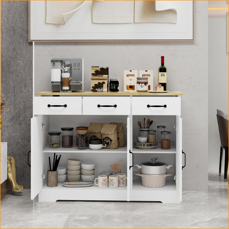 Sideboard with 3 Drawers 3 Doors Adjustable Shelves | Farmhouse Off-White MDF | Kitchen Dining Room Storage