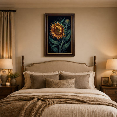 Art mural toile tournesol doré et bouton vert sur fond foncé