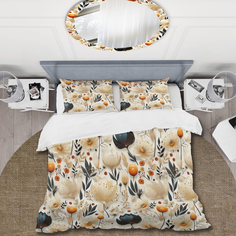 Literie neutre à motif de fleurs bohème beige II, Housse de couette simple + 1 taie décorative stan