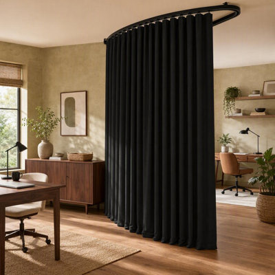Black ceiling-track privacy curtain system with 1 Panel, 8.3 ft Wide x 7 ft Tall; heavy curtain provides 95% Blackout and noise reduction for room division.