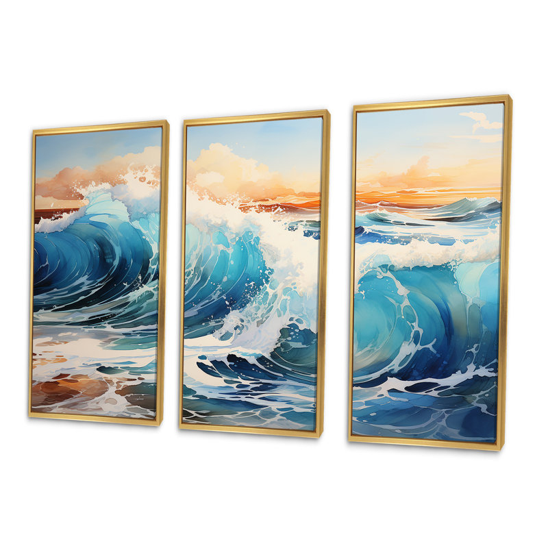 «Beach Sunrise Tranquil Horizons V», ensemble d'art sur toile océan, Cadre flottant doré, H 28 po x l 36 po x P 1 po