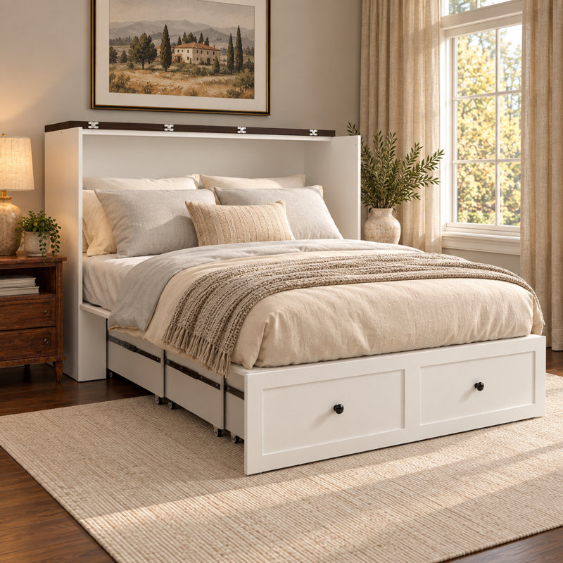 Farmhouse Murphy Bed Cabinet With Storage Drawer, USB Charging Station & Fold-Out Design, Full