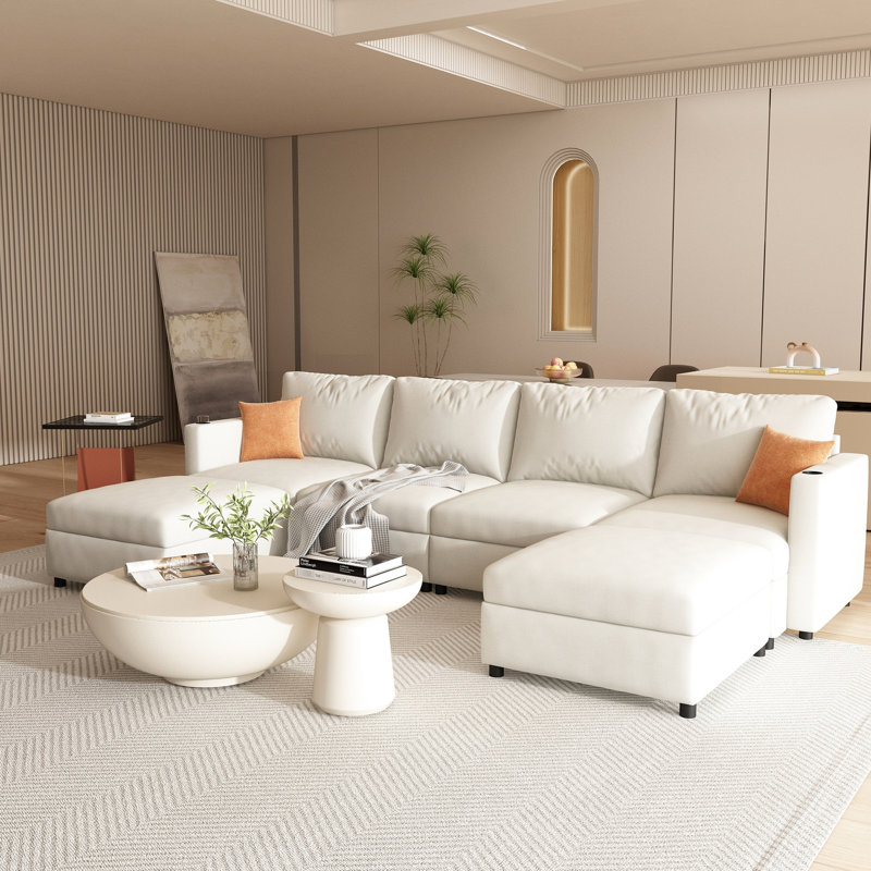 Grand canapé modulaire en chenille à 6 places en forme de U avec rangement et canapé moderne de 6 po, 123 po
