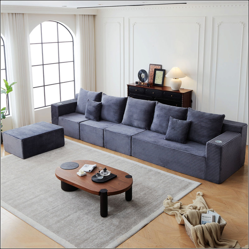 Canapé modulaire profond en velours côtelé avec porte-gobelets, Gris, H 30 po x l 165 po x P 78,5 po, 6