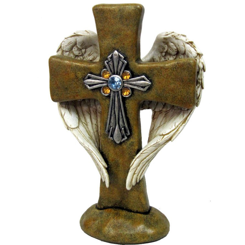 Polyresin Silver Stacked Angel Wings Standing Cross Décor