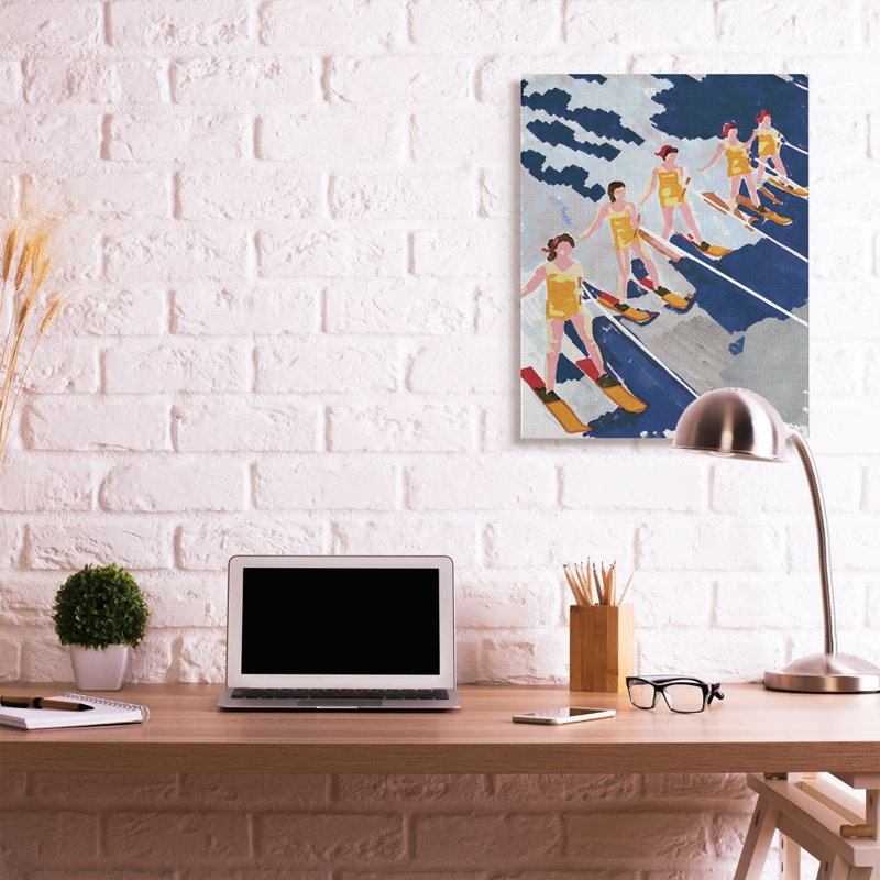 «Retro Waterski Women», peinture à l'aquarelle bleue et jaune sur toile tendue XXL par Stellar Design Studio, Toile tendue