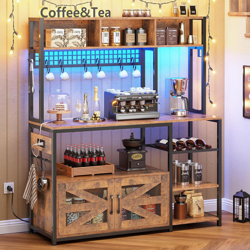 47.2 Inch Bakers Rack With Power Outlet, Microwave Stand With Storage, Farmhouse Coffee Bar Cabinet Station With Wine Rack