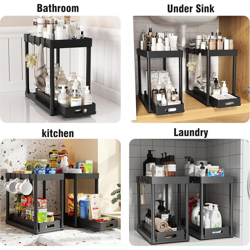 Ensemble de 2 organisateurs de rangement coulissants, organisateur d'armoire noir sous l'évier pour la salle de bain et la cuisine, solution de rangement polyvalente sous l'armoire