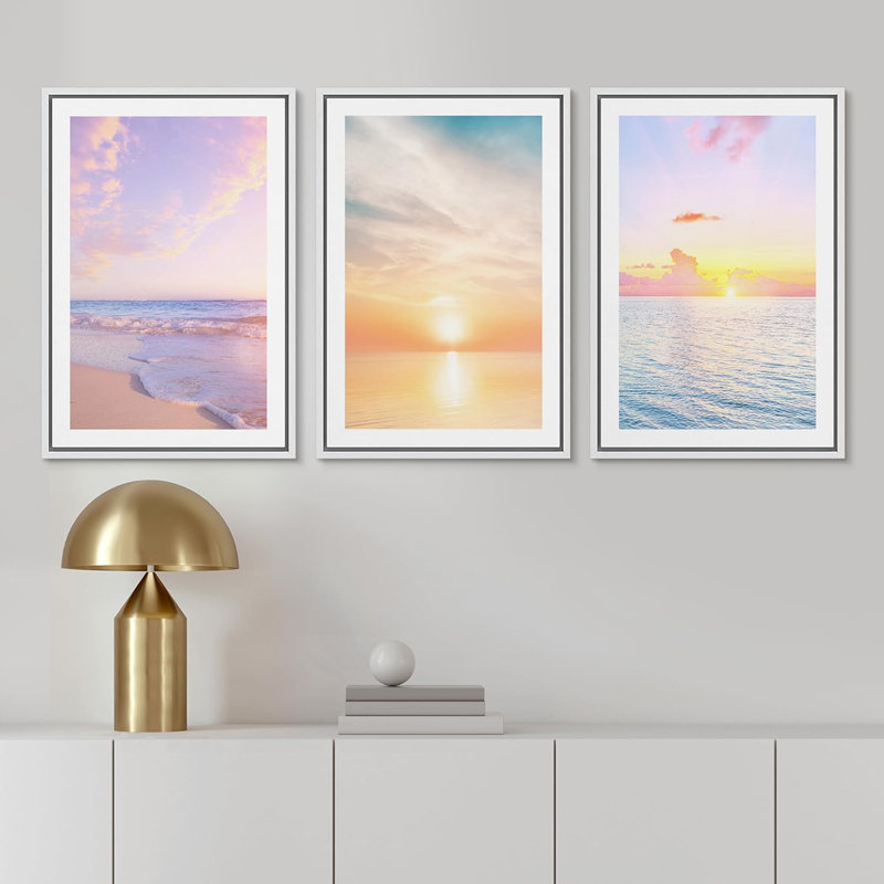 "Coastal Beach", Mauve, Sunrise, Ocean, Waves, Modern Nautical, 3 Piece Framed Canvas Print, Blanc