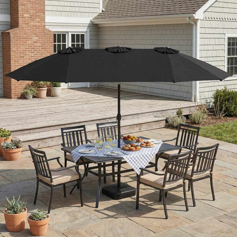 Parasol de patio simple à double face résistant aux intempéries de 15 pieds avec manivelle et base pour une utilisation dans la cour arrière au bord de la piscine