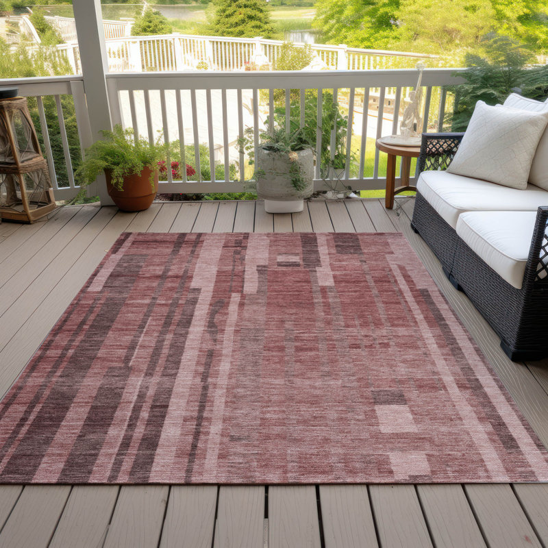Paprika and White Synthetic Striped Washable Rug, 3' x 5'