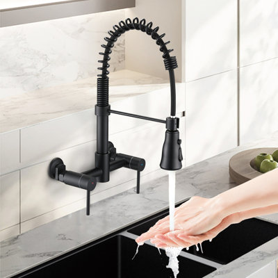 3 Functions Wall Mounted Bridge Kitchen Faucet - 304 Stainless Steel, Corrosion , Dual Lever Handles, High Spout With 360 Rotation, Pull Down Nozzle, Matte Black Modernistic Design Tap Finish,