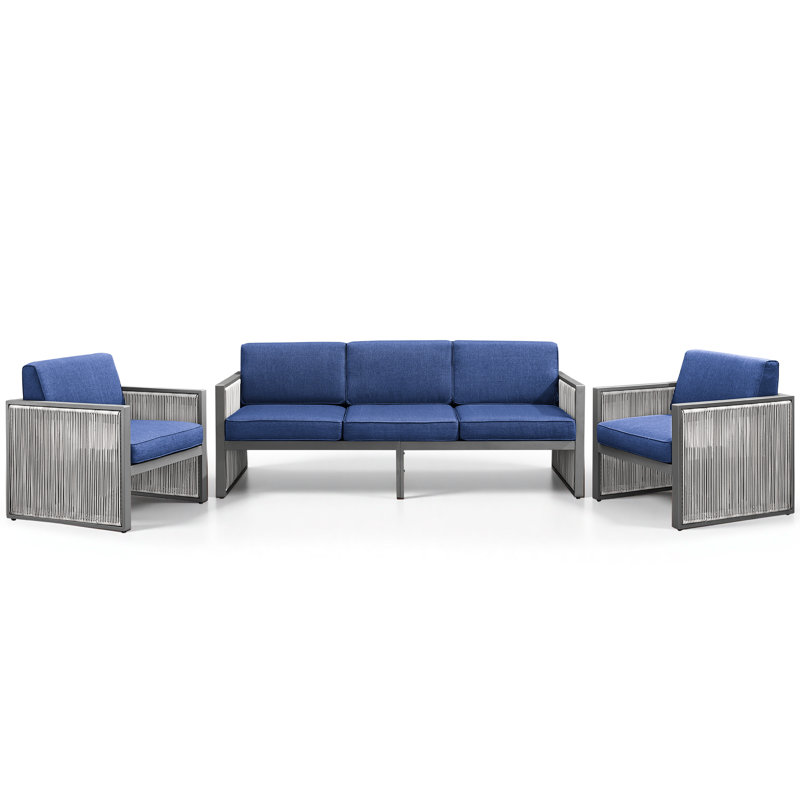 Ensemble de patio d'extérieur en osier avec coussins 3 pièces Trinie, Bleu