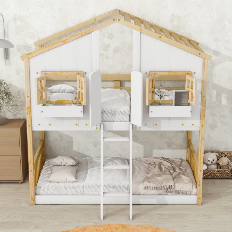 Twin Over Twin House Bunk Bed With Roof, Window, Window Box, Door, With Safety Guardrails And Ladder, Natural/White