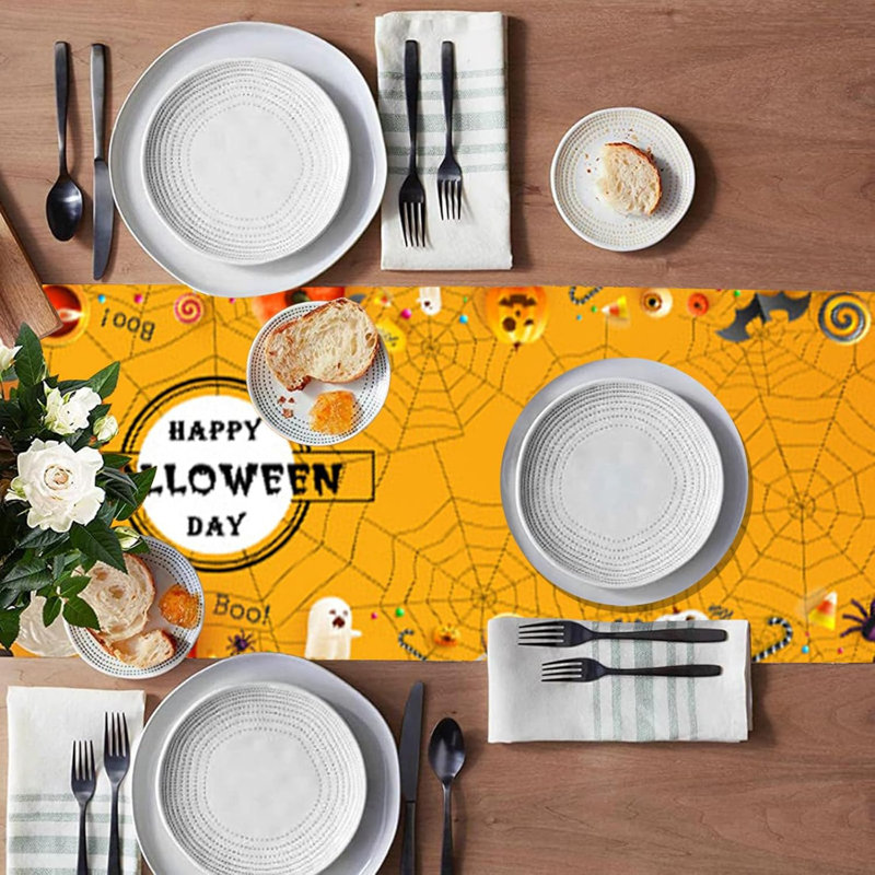 Halloween Table Runner Novel Childishness, Balloon Pumpkins Spider Web Table Runner, Black Orange Tables Cloth for Halloween Party Dinner Tables Decoration, 183x33cm