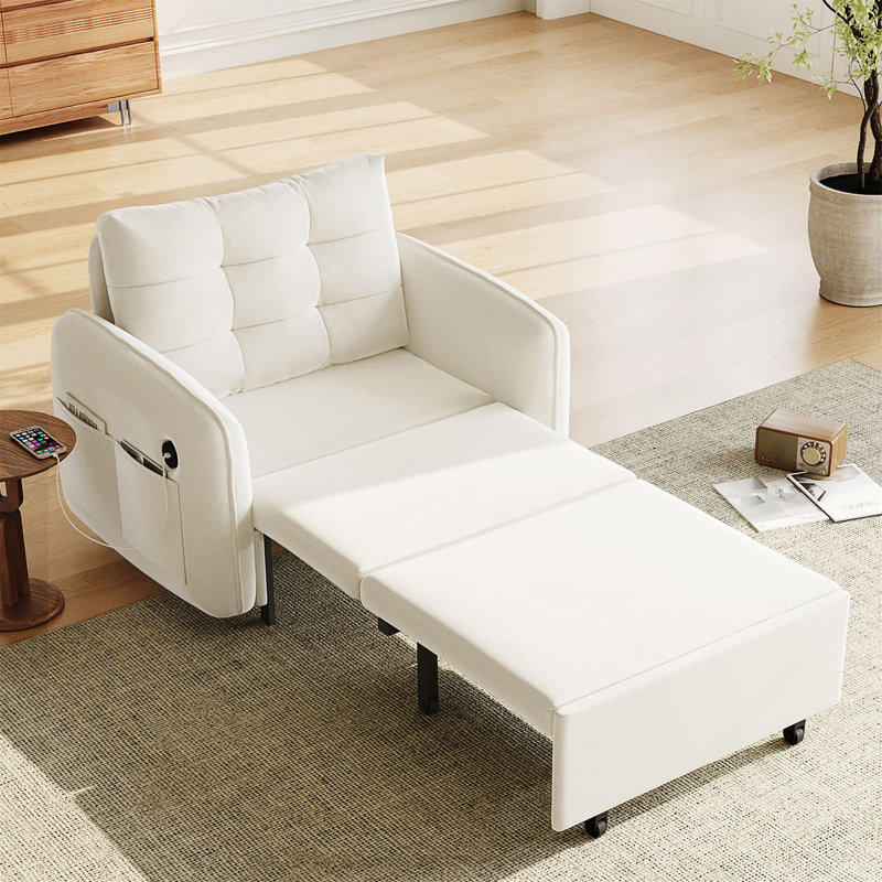 Canapé-lit 3 en 1, méridienne escamotable extra longue de 80 po avec charge USB, poches et boîte de rangement, conception capitonnée, canapé-lit simple en chenille multifonctionnel pour le salon et l’appartement