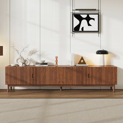 Meuble télé de 87 po pour téléviseur de 90 po ou moins, console média avec 4 armoires, pieds en bois massif pour le salon, meuble audio-vidéo moderne