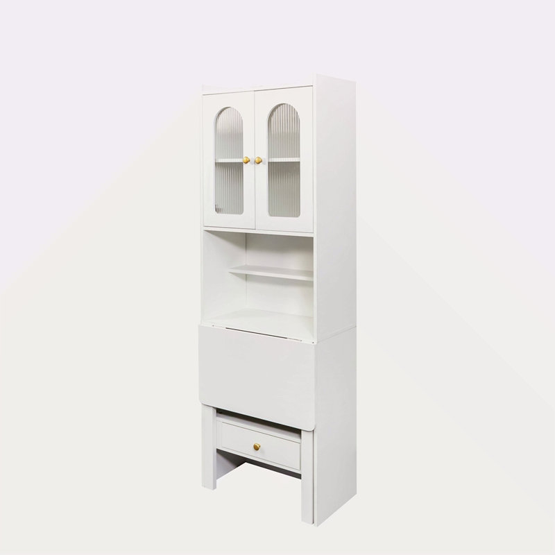 Fold-Out Convertible Writing Table, Desk Cabinet With Shelf And Drawer Multi-Function Home Office Workstation, White
