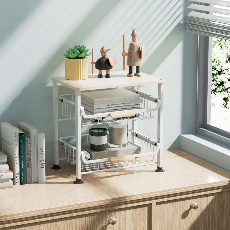 Fruit Basket Kitchen Food Organizer and Rack, Stackable Storage Cart with Desktop, Pull-Out Hollow Metal Basket, Sliding Out Storage