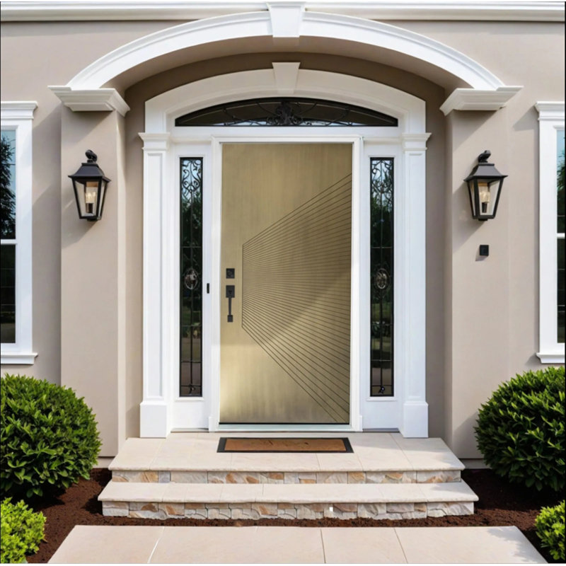 Modern Exterior Fiberglass Entry Front Door Metallic Finish With Complete Vinyl Frame, Antique Brass,  Right Hand