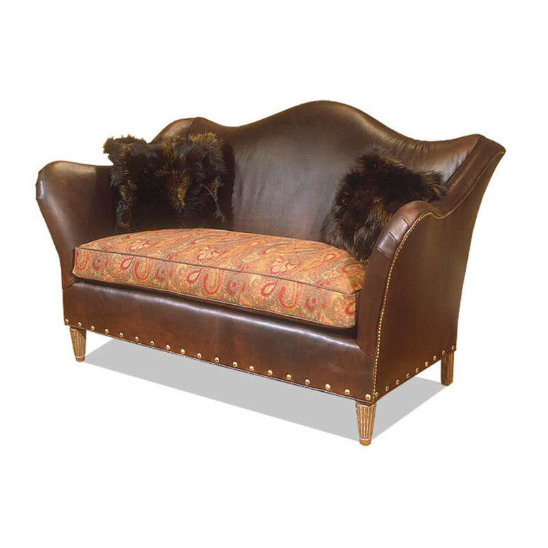 Leather Settee, Hair Hide Brindle Light Exotic, Natural, Pewter