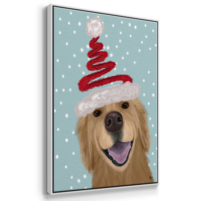 «Christmas Golden Retriever And Spring Santa Hat», reproduction d'art sur toile encadrée