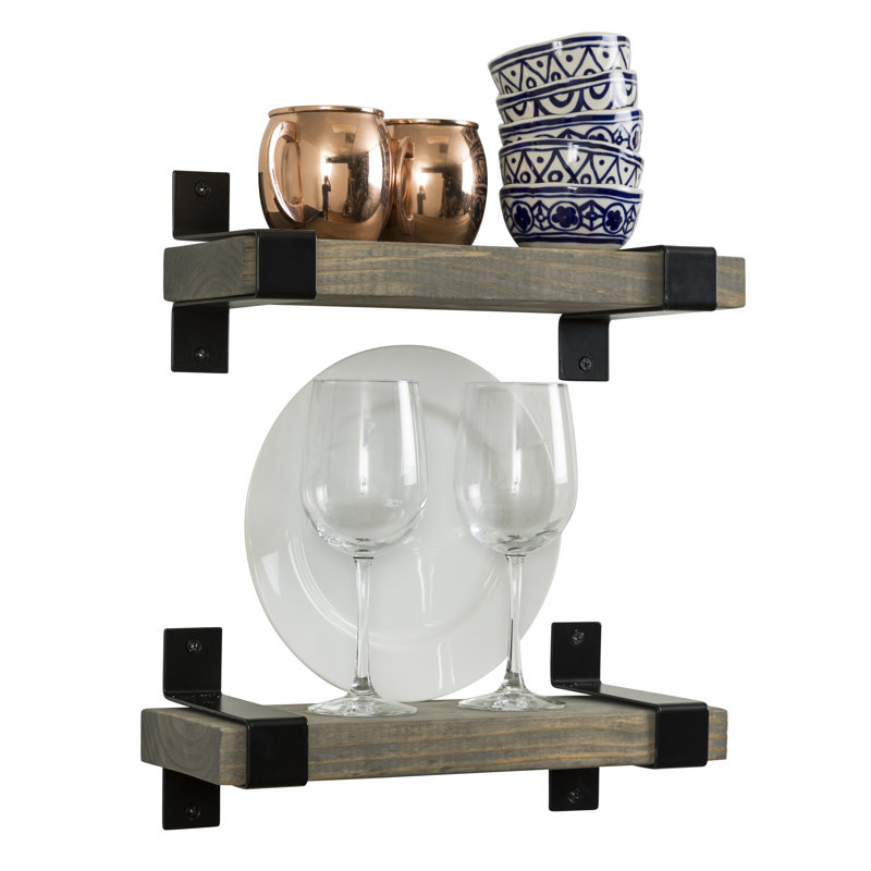 Abasi 2 Piece Pine Solid Wood Bracket Wall Shelf, 5.63" H x 36" W x 6" D, Gray, Black