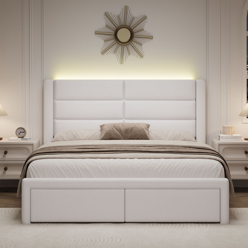 Modern Faux Leather Bed Frame with Upholstered Headboard and LED Lights, White, Queen