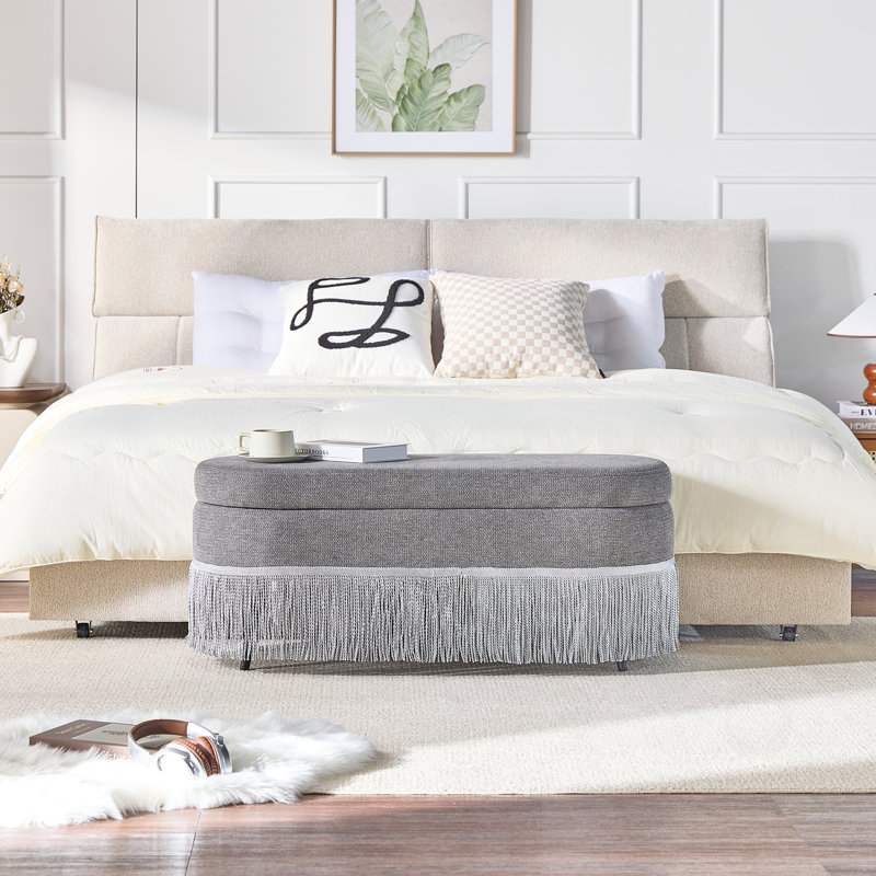 Banc de rangement ovale rembourré avec couvercle relevable, Grey, Grey