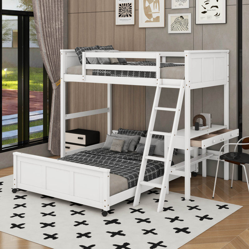 Lit simple superposé au dessus d'un lit double avec bureau, Blanc