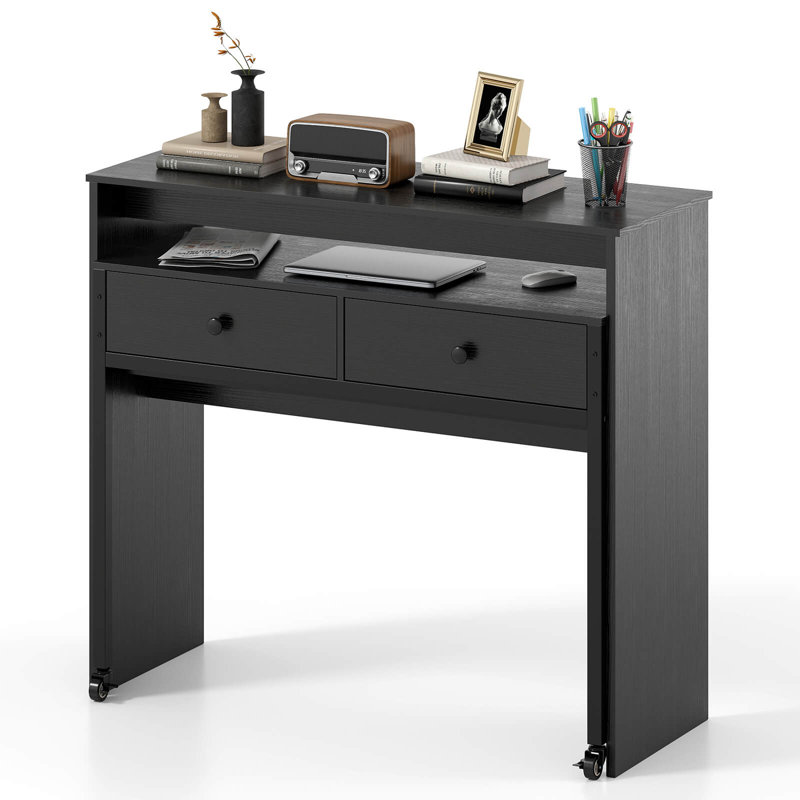 39.5" Expandable Rolling Computer Desk with Monitor Shelf 2-tier Desktop 2 Drawers, Black