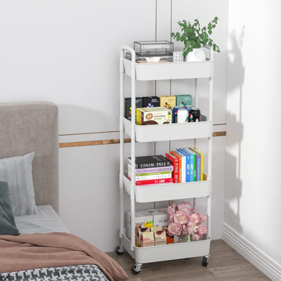 4-Tier Plastic Rolling Utility Cart with Handle, Multi-Functional Storage Trolley, Living Room, Kitchen, Movable Storage Organizer with Wheels