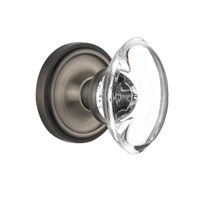 Crystal Oval Interior Mortise Door Knob with Classic Rosette, Antique Pewter