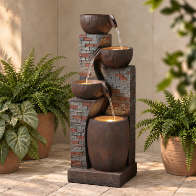 Outdoor Water Fountain with LED Lights, 4-Tier Modern Cascading Bowls & Textured Stone Brick Outdoor Fountains