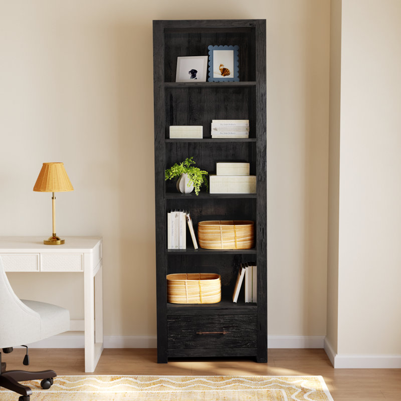 86.5" H x 27.5" W Kadence Reclaimed Teak Wood Storage Bookcase in Black