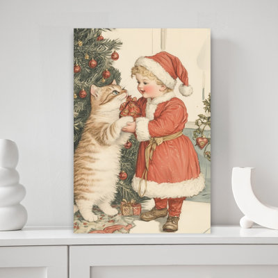 Christmas Cat Gift Contemporary Cat Winter Wall Art Print 1 Piece Wrapped Canvas Wall Art