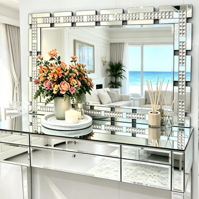 Crystal Large Wall Mirror For Decor, Rectangular Large Living Room Mirror With Beveled Edge And Glass Frame, Entrance, Fireplace, Home Office, Horizontal/Vertical Hanging, 32" X 47"