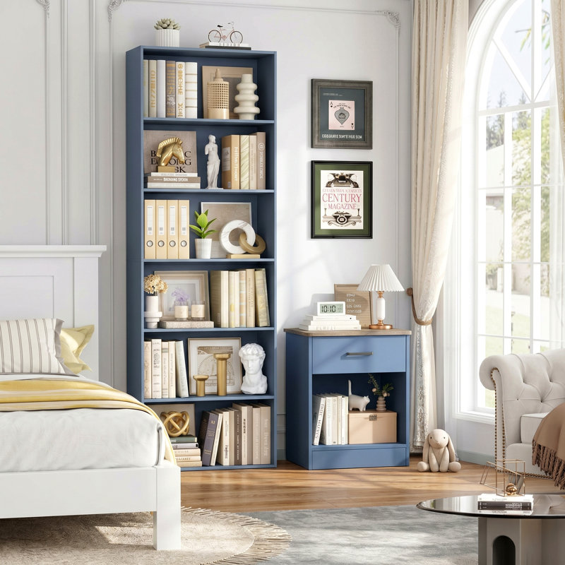6-Tier Open Bookcase & Nightstand, 2-Piece Bedroom Storage Combo, Modern Bookshelf and Nightstand with Drawer & Shelf, Coordinated Home Office or Bedroom Set